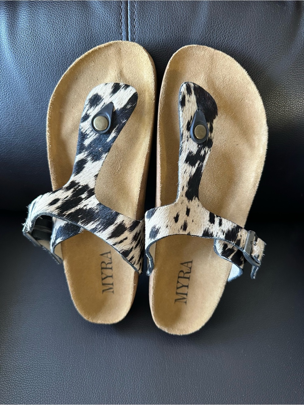Myra Bag Black and White Cowhide Thong Sandals
